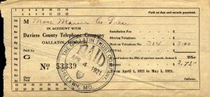 Telephone Receipt Paid in 1921